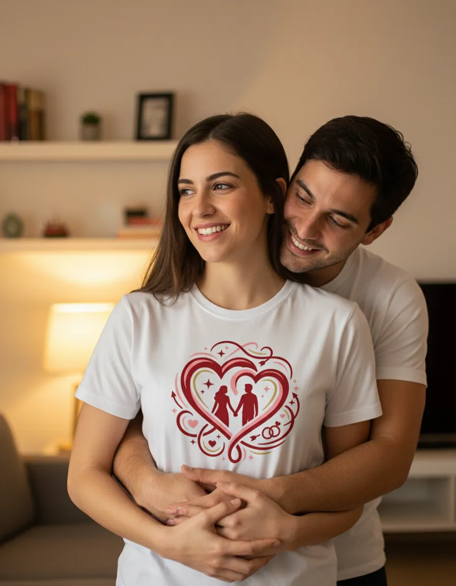 Pareja argentina con remera personalizada de regalo, momento íntimo en casa
